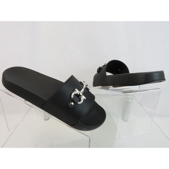 NIB FERRAGAMO GROOVY 11 BLACK RUBBER SILVER GANCINI BIT LOGO SANDALS SLIDES 9 M - Picture 7 of 13